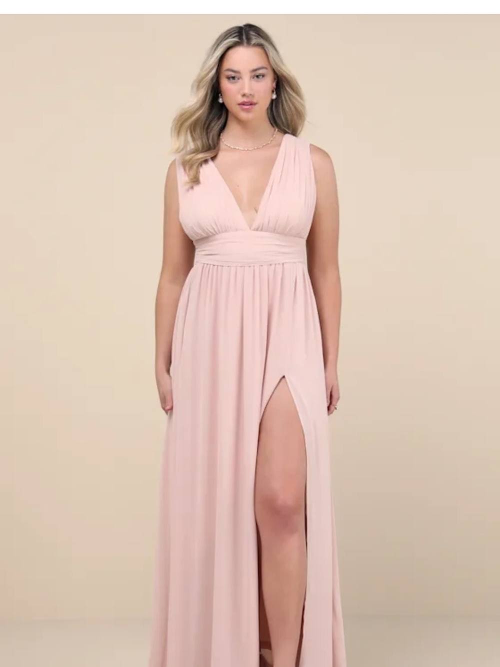 Lulu's Blush Pink Deep V Maxi Dress with High Thigh Slit